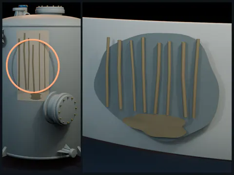 Educational illustration of an FRP tank exterior with irregular vertical stains, deposited residue, and a transition from glossy to dull resin.