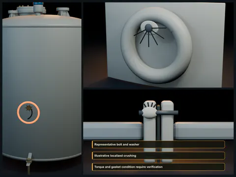 Educational illustration of uneven FRP flange-bolt compression with localized crushing beneath a washer, radial cracks, and partial gasket extrusion.