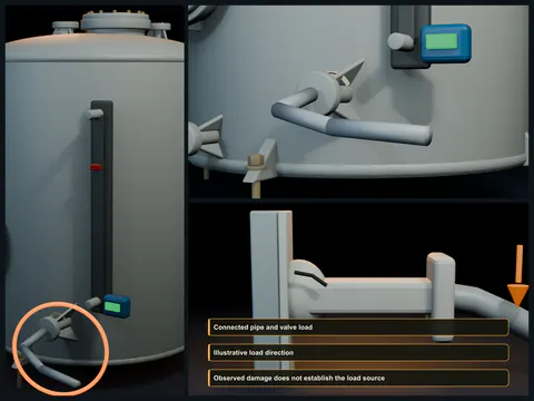 Educational illustration of unsupported connected pipe and valve weight pulling downward on an FRP tank nozzle with sag and whitening at the loaded-side bond.