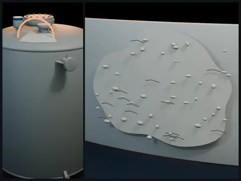 Educational illustration of a sun-exposed FRP tank exterior with faded matte resin, powdery chalking, and shallow weathered surface texture.
