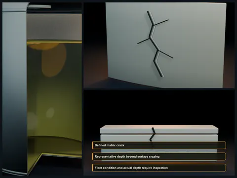 Educational illustration of a distinct internal resin crack extending deeper than surface crazing while most glass reinforcement remains continuous.