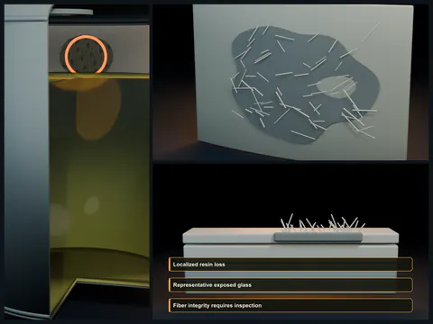 Educational illustration of an FRP tank interior transitioning from intact liner to pale exposed glass fibers with etched and frayed surface texture.