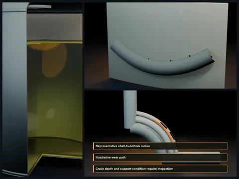 Educational illustration of an FRP tank interior with erosion, whitening, and cracks following the curved shell-to-bottom knuckle radius.