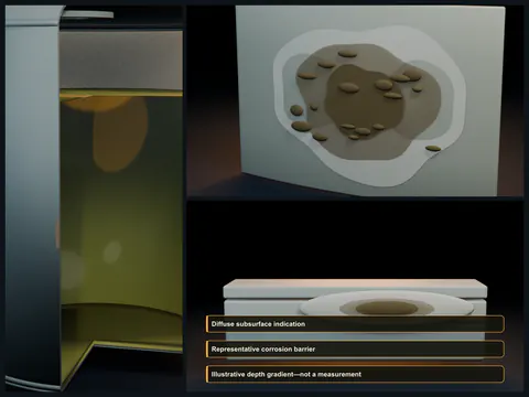 Educational illustration of diffuse subsurface darkening and swelling in an FRP tank inner surface beside a representative depth cutaway.
