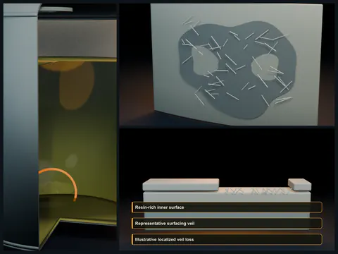 Educational illustration of a smooth-to-coarse FRP interior transition where surfacing veil is eroded and coarser glass texture becomes visible.