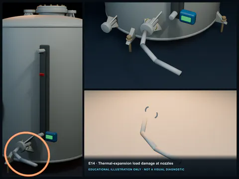 Educational illustration of an FRP nozzle displaced laterally with opposed bond cracks and localized stress whitening.