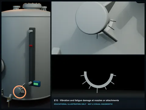 Educational illustration of short repeated cracks and a whitening halo around an FRP nozzle connection.