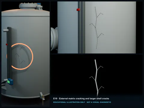 Educational illustration of one pronounced branching crack extending across the exterior laminate of an FRP tank shell.