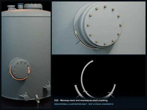 Educational illustration of curved fillet cracks and radial branches around a large FRP tank manway transition.
