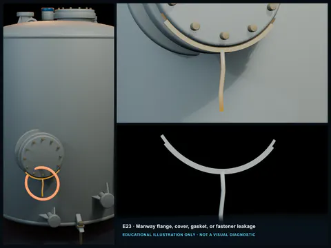 Educational illustration of wetness at an FRP manway cover gasket with uneven seating and localized gasket extrusion.