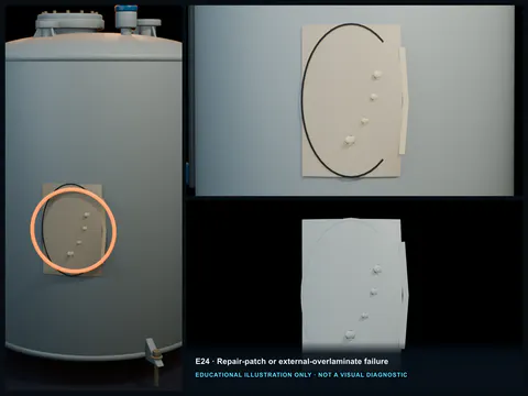 Educational illustration of a visibly newer exterior FRP patch with a cracked center, blistering, and lifted edges.