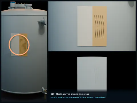 Educational illustration comparing a matte fiber-prominent FRP zone with an adjacent glossy amber resin pocket.