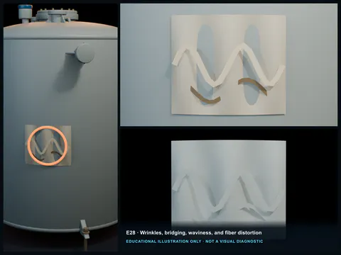 Educational illustration of folded reinforcement, a bridged hollow, and distorted fiber paths within an FRP laminate.