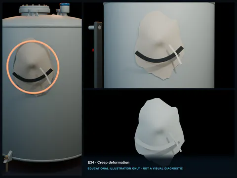 Educational illustration of a smooth permanent sag in an FRP tank shell beside a faint undeformed reference outline.
