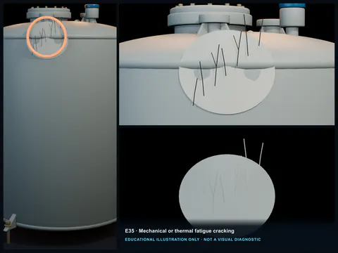 Educational illustration of progressively sized crack families near a repeatedly loaded FRP shell transition.