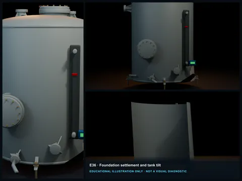 Educational illustration of a tilted FRP tank with an uneven base gap, compressed knuckle, and displaced lower piping.