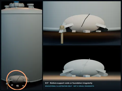 Educational illustration of a cutaway FRP tank bottom spanning a localized foundation void with visible flexure above the gap.