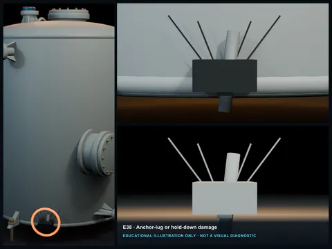 Educational illustration of an FRP hold-down lug with a lifted overlay, radial cracks, an elongated hole, and a distressed bolt.