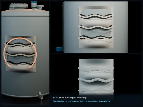 Educational illustration of broad alternating inward and outward folds forming wrinkle bands around an FRP tank shell.