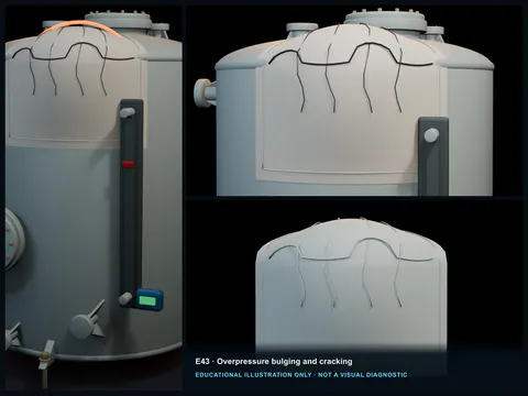 Educational illustration of an FRP tank upper shell bulging outward with stretched laminate and cracks around roof transitions.
