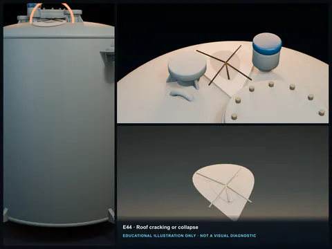 Educational illustration of a broad depression in an FRP tank roof with radial cracks and a displaced roof fitting.