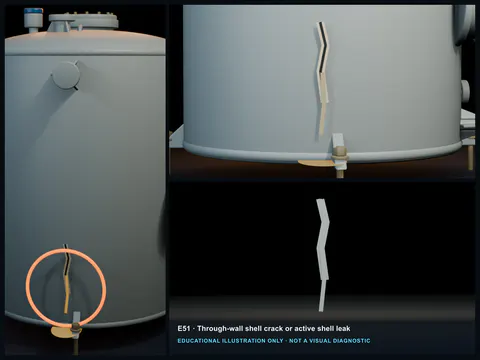 Educational illustration of liquid emerging from a distinct through-wall crack in the cylindrical shell of an FRP tank.