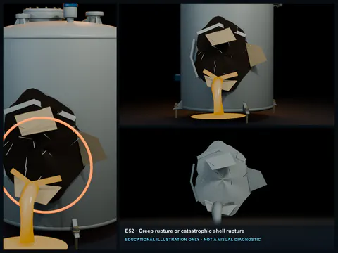 Educational illustration of a large irregular opening in an FRP shell with peeled laminate plies and broken glass bundles.