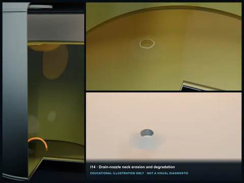 Educational illustration of directional scoring and thinning through an FRP drain-nozzle bore and its internal transition.