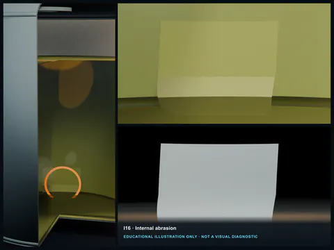 Educational illustration of repeated scrape tracks and roughened veil across the lower wall and bottom of an FRP tank.