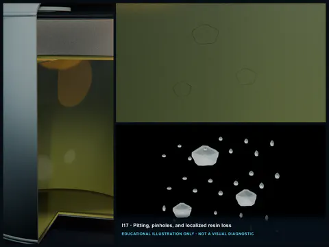 Educational illustration of varied blind pits and tiny porous openings interrupting the inner resin surface of an FRP tank.