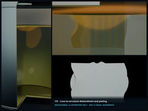 Educational illustration of a thin FRP liner lifting and curling away from the structural substrate with a visible interface gap.
