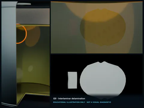 Educational illustration of a cutaway raised hollow area with separation between two structural plies in an FRP tank wall.