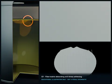 Educational illustration of a diffuse white strain halo within an FRP laminate near a localized crack and deformation zone.