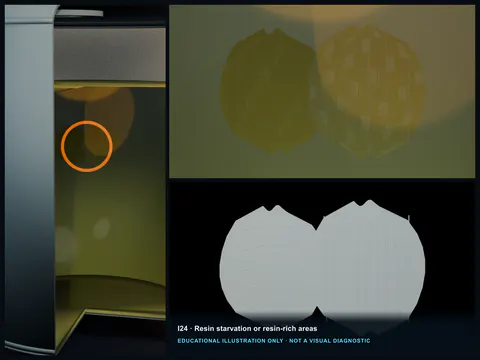 Educational illustration comparing an inner matte fiber-prominent FRP zone with a neighboring glossy amber resin pocket.