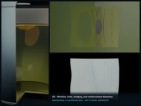 Educational illustration of a cutaway with folded FRP plies, a bridged hollow, resin pooling, and distorted reinforcement paths.