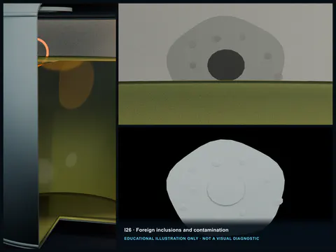 Educational illustration of a dark cloudy inclusion trapped below an inner FRP resin surface with interfacial voids.