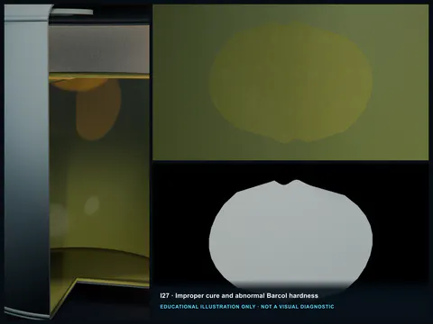 Educational illustration comparing an indented soft inner FRP area with an exotherm-marked area containing shrink cracks.