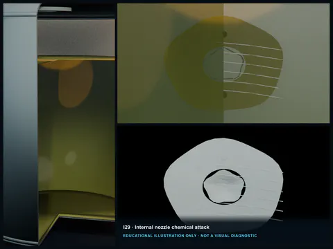 Educational illustration of a process-wetted FRP nozzle bore and transition with roughness, discoloration, pits, and exposed veil.