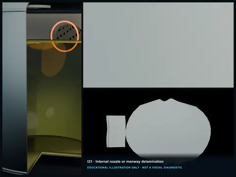 Educational illustration of lifted FRP plies and an opening interface around an internal nozzle or manway transition.