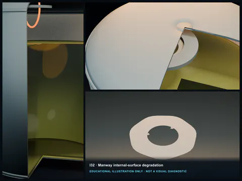 Educational illustration of an FRP manway interior with scuffs, chipped edge sealing, chemical staining, and transition cracking.