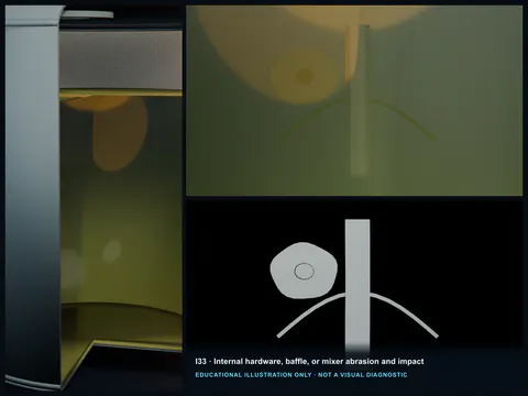 Educational illustration of an internal FRP wall with a hardware-aligned rub track, impact mark, whitening, and attachment cracks.