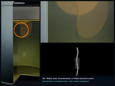 Educational illustration of radial, axial, circumferential, and helical crack orientations mapped on an internal FRP tank surface.