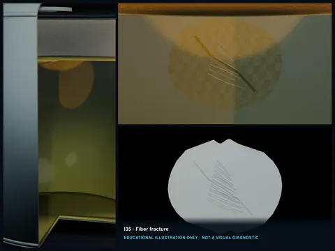 Educational illustration of visibly broken glass-fiber bundles crossing a structural crack in a close view of an FRP laminate.