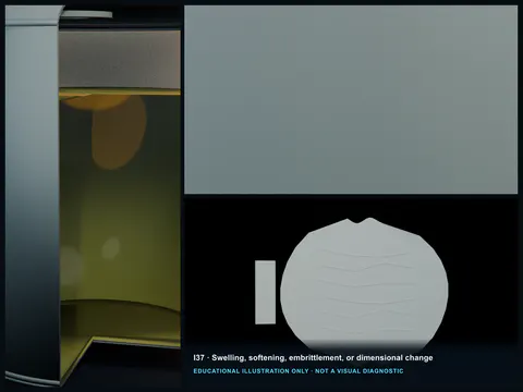 Educational illustration comparing swollen and bulged FRP resin with a dry brittle area containing shrink cracks.