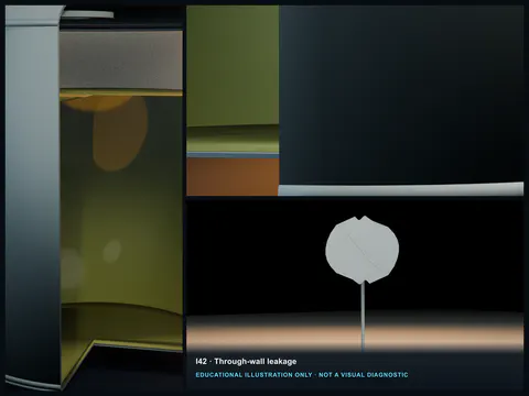 Educational illustration of a complete lower-wall FRP breach producing a continuous gravity-fed liquid stream outside the tank.