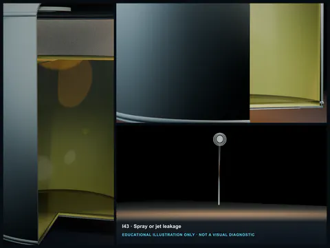 Educational illustration of a small FRP wall opening releasing a narrow energetic liquid jet away from the tank.