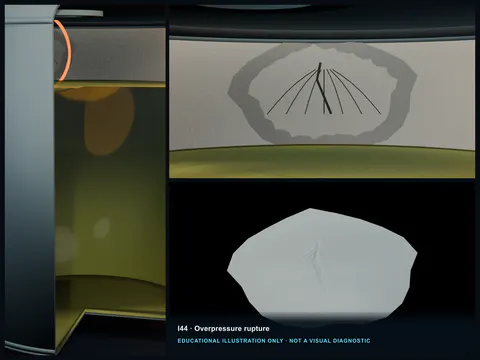 Educational illustration of an FRP tank bulging outward with stretched laminate, radial cracks, and a developing shell split.