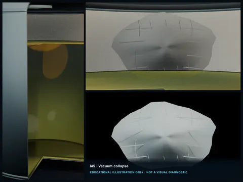 Educational illustration of an FRP tank shell and roof pulled inward with compressed liner wrinkles and broad buckle ridges.