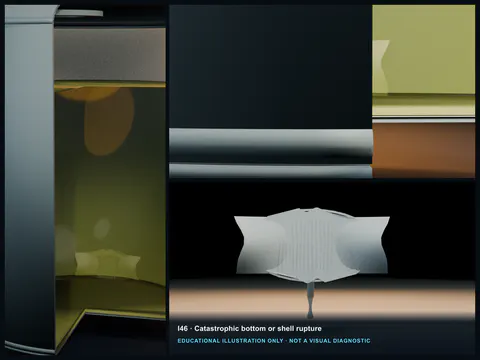 Educational illustration of a large FRP bottom or shell opening with peeled liner layers, broken glass bundles, and a major release.