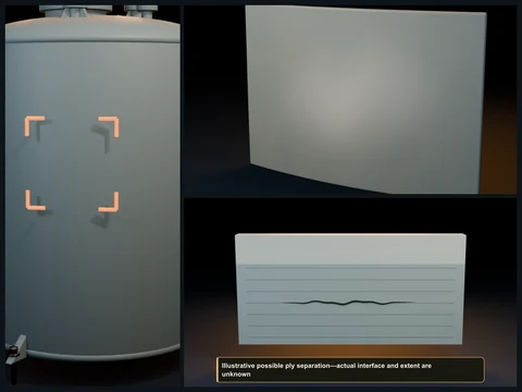Educational illustration comparing a subtly raised FRP shell area with a representative cutaway showing possible separation between laminate plies.